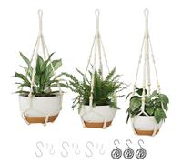 Bamworld 3-Pack Macrame Plant Hangers Indoor with Chain - Self-Watering Hanging Planters w/Drainage Holes & Removable Saucer, White (11/9/8 in) - ideal plant hanger for hanging plant displays