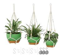 Bamworld 3-Pack Macrame Plant Hangers Indoor with Chain - Self-Watering Hanging Planters w/Drainage Holes & Removable Saucer, Green (11/9/8 in) - ideal plant hanger for hanging plant displays