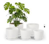 Bamworld 5 Pack Indoor Plant Pots with Saucers and Drainage Holes- Multi-Size Flower Pots for Indoor Outdoor Use Plastic Plant Pot for Home Gardening Containers (White)
