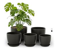 Bamworld 5 Pack Indoor Plant Pots with Saucers and Drainage Holes- Multi-Size Flower Pots for Indoor Outdoor Use Plastic Plant Pot for Home Gardening Containers (Black)