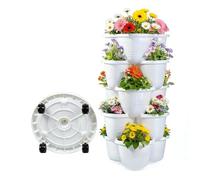 Bamworld 5-Tier Stackable Strawberry Planter Tower with Locking Wheels, Vertical Garden Planter for Strawberries, Herbs, Vegetables & Flowers, Indoor & Outdoor Use, White