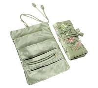 Bamyli Jewellery Rolls for Travelling Travel Jewellery Box, Foldable Jewellery Organiser, Emerald Green Satin Chinese Embroidery Ancient Style Pouch for Necklace Ring Bracelet Storage