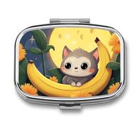 Banana Cat Print Pill Box 2 Compartment, Portable Pill Case with Mirror for Pocket Purse Travel, Mini Metal Medicine Organizer for Vitamins Fish Oil