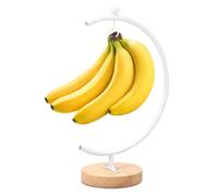 Banana Holder Stand Moon Shape Banana Hanger Rack Metal Fruit Hook with Wood Base Rustic Wooden Grape Stand Decorative Fruit Storage Rack To Keep Bananas & Fruits Fresh for Kitchen Countertop