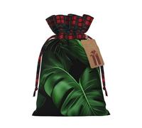 Banana Leaf Green Christmas Drawstring Linen Gift Bag Paired With Scottish Plaid Fabric, With A Delicate And Simple Texture