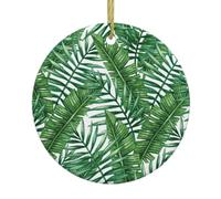 Banana Leaf Green Christmas Round Ceramic Ornament Decor,Double-Sided Printed Bauble With Gold String,Unique Dual-Face Design For Xmas Tree Home