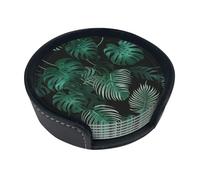 Banana Leaf Green Coaster Set Of 6 - Premium Full-Print Single-Side Pu Leather Coasters With Storage Box, Ideal For Home & Office Use