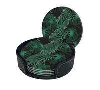 Banana Leaf Green Print Round Leather Coasters - Set Of 6, Ultra-Fiber Pu Leather
