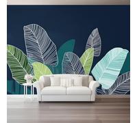 Banana Leaves Minimalism Lines Wall Mural Wallpaper, Non Self Adhesive Paste The Wall Mural for Living Room Bedroom, Dark Blue Green High Definition Art Wall Decor - 300 x 210 cm (W x H)