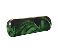 Banana Leaves Printed Leather Pencil Case Cute Stationery Organizer Round Makeup Bag Pen Pouch, Gold Zipper