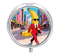 Banana Man Pill Box - 3 Compartment Travel Pill Organizer with Small Mirror, Portable Pillcase for Pocket & Purse, Cute Round Medicine Case, Weekly Medicine Container