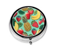 Banana Strawberry Pineapple Print Pill Box 3 Compartments Round Pill Organizer Metal Waterproof Portable Pill Case for Pocket or Purse Vitamin/Fish Oil/Pills/Supplements