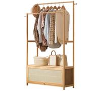Bananaww Bamboo Rattan Clothes Rack with Drawer - Natural Coat Stand Organizer for Bedroom and Entryway, Double Color Options, Boho Scandinavian Style Storage Shelf