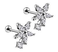BanaVega 2PCS Surgical Steel Flower with Hanging Clear CZ Stone 16g 1/4 6mm Tragus Cartilage Helix Earrings Piercing Jewellery 5694