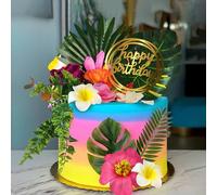 BANBALLON Flamingo Cake Toppers Summer Cake Decorations with Flowers Palm Leaf Boho Grass Cake Toppers for Tropical Hawaiian Beach Luau Themed Party Supplies