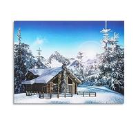 BANBERRY DESIGNS LED Canvas Print - Cabin in Snowy Mountains - Lighted Winter Picture - Battery Operated - 16" x 12"
