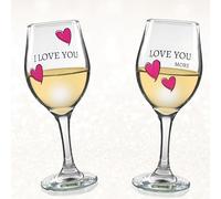 BANBERRY DESIGNS Lover's Wine Glass Set - I Love You, Love You More - Set of 2 - Sweethearts Wine Glasses with Decorative Hearts - His and Her Romantic Glassware 7 3/4" H 12 oz