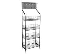 banborba 4-Tier Retail Display Rack, Retail Display Stand with Wheels & 10 Hooks, Snack Candy Display Organizer, Snack Rack, Basket Stand Cart, Metal Storage Shelf Stand for Snacks/Fruits/Tools