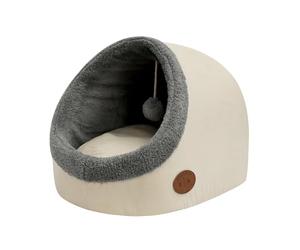 Banbury & Co Cat Bed for Indoor Cats, Small Snug Cosy Pet Igloo, Removable Cushion Pillow, Small Dog House Bed, Anti-Anxiety Cat Hideaway for Puppy & Kittens with Hanging Toy | White, 47x37x33cm