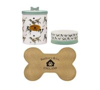 Banbury & Co Dog Feeding Station Gift Set | Set of 2 Ceramic Dog Bowls (400ml) with 1.6L Treat Jar, Dishwasher Safe | Durable Bone-Shaped Jute Rope Feeding Mat