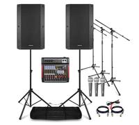 Band PA System Package with Vonyx VSA150S 15 inch Active/Passive Speakers, 6-Channel Mixer, Microphones and Stands, Live Band and Vocalist Sound System Setup