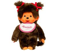 Bandai - Monchhichi - Pink and White Girl's Bib Soft Toy - 80s Iconic Monkey Soft Toy - 20cm Soft Toy for Children and Adults - 2 Years and Above - 25555