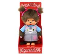 BANDAI - Monchhichi - Plush Toy Monchhichi Dungarees Cat Motif - Iconic Monkey Cuddly Toy of the 80s, Super Soft Cuddly Toy 20 cm for Children - Toy for Children from 2 Years - SE203895