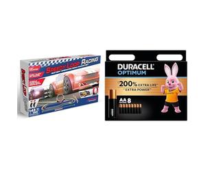 BANDAIDI803004ArtinSlotSet|4.3m2PlayerTrackwith2MuscleSpeedAdultsandKidsElectricCarToysMakeRemoteControlGifts,SpeedyLoopRacing + Duracell Optimum AA Batteries (8 pack) - Alkaline Batteries 1.5V - Up T