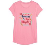 Bandaids & Big Hearts: Caring Nurse Appreciation Gift T-Shirt, Girls, Pink, Medium