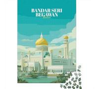 Bandar Seri Begawan, Brunei Travel Poster 1000 Piece Jigsaw Puzzle, Famous Building Scenic Print, Thick Cardboard Pieces, Decorative Artwork for Home Décor Fans, 52x38cm/1000pcs