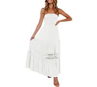 Bandeau Beach Dresses for Women UK Strapless Boho Sundress with Lace Trim Boobtube Pleated Swing Dresses Summer Sleeveless Flowy Long Dress Cover Ups Casual Holiday Maxi Dress White