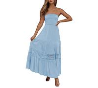 Bandeau Beach Dresses for Women UK Strapless Boho Sundress with Lace Trim Boobtube Pleated Swing Dresses Summer Sleeveless Flowy Long Dress Cover Ups Casual Holiday Maxi Dress Blue
