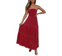 Bandeau Beach Dresses for Women UK Strapless Boho Sundress with Lace Trim Boobtube Pleated Swing Dresses Summer Sleeveless Flowy Long Dress Cover Ups Casual Holiday Maxi Dress Red
