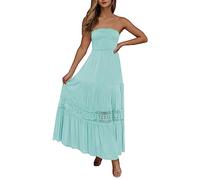 Bandeau Beach Dresses for Women UK Strapless Boho Sundress with Lace Trim Boobtube Pleated Swing Dresses Summer Sleeveless Flowy Long Dress Cover Ups Casual Holiday Maxi Dress Light Blue