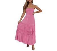 Bandeau Beach Dresses for Women UK Strapless Boho Sundress with Lace Trim Boobtube Pleated Swing Dresses Summer Sleeveless Flowy Long Dress Cover Ups Casual Holiday Maxi Dress Hot Pink