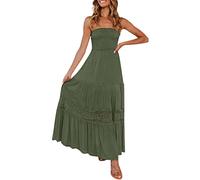 Bandeau Beach Dresses for Women UK Strapless Boho Sundress with Lace Trim Boobtube Pleated Swing Dresses Summer Sleeveless Flowy Long Dress Cover Ups Casual Holiday Maxi Dress Green