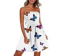 Bandeau Beach Dresses for Women UK Strapless Boobtube Sheering Ruched Boho Mini Dress Summer Ladies Floral Print Pleated Flowy Swing Mini Dress Beach Sundress