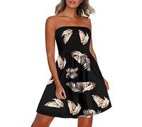 Bandeau Beach Dresses for Women UK Strapless Boobtube Sheering Ruched Boho Mini Dress Summer Ladies Floral Print Pleated Flowy Swing Mini Dress Beach Sundress