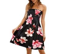 Bandeau Beach Dresses for Women UK Strapless Boobtube Sheering Ruched Boho Mini Dress Summer Ladies Floral Print Pleated Flowy Swing Mini Dress Beach Sundress