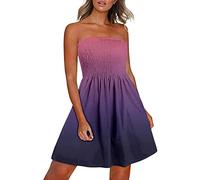 Bandeau Beach Dresses for Women UK Strapless Boobtube Sheering Ruched Boho Mini Dress Summer Ladies Floral Print Pleated Flowy Swing Mini Dress Beach Sundress
