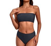 Bandeau Bikini Sets for Women UK Sexy 2 Piece Bandeau Bikini Solid Color Women Swimwear with High Waisted Bikini Bottoms Tummy Control Plus Size Swimwear for Women Today's Deals Darkgray