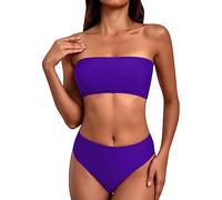 Bandeau Bikini Sets for Women UK Sexy 2 Piece Bandeau Bikini Solid Color Women Swimwear with High Waisted Bikini Bottoms Tummy Control Plus Size Swimwear for Women Today's Deals Purple