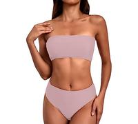 Bandeau Bikini Sets for Women UK Sexy 2 Piece Bandeau Bikini Solid Color Women Swimwear with High Waisted Bikini Bottoms Tummy Control Plus Size Swimwear for Women Today's Deals Pink