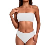 Bandeau Bikini Sets for Women UK Sexy 2 Piece Bandeau Bikini Solid Color Women Swimwear with High Waisted Bikini Bottoms Tummy Control Plus Size Swimwear for Women Today's Deals White