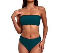 Bandeau Bikini Sets for Women UK Sexy 2 Piece Bandeau Bikini Solid Color Women Swimwear with High Waisted Bikini Bottoms Tummy Control Plus Size Swimwear for Women Today's Deals