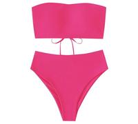 Bandeau Bikini Sets for Women UK Sexy 2 Piece Bandeau Bikini Solid Color Women Swimwear with High Waisted Bikini Bottoms Tummy Control Plus Size Swimwear for Women Today's Deals Hotpink