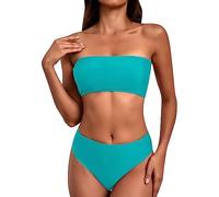 Bandeau Bikini Sets for Women UK Sexy 2 Piece Bandeau Bikini Solid Color Women Swimwear with High Waisted Bikini Bottoms Tummy Control Plus Size Swimwear for Women Today's Deals