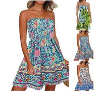 Bandeau Dress for Women UK Petite Elegant Strapless Summer Dresses Beach Cover up and Kaftans Ladies Sleeveless Sundress Ethnic Bohemian Cold Shoulder Floral Wedding Guest Boobtube Mini Dress