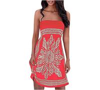 Bandeau Dress for Women UK Petite Elegant Strapless Summer Dresses Sale Beach Cover up and Kaftans Ladies Sleeveless Sundress Ethnic Bohemian Cold Shoulder Floral Wedding Guest Boobtube Mini Dress