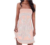 Bandeau Dress for Women UK Petite Elegant Strapless Summer Dresses Sale Beach Cover up and Kaftans Ladies Sleeveless Sundress Ethnic Bohemian Cold Shoulder Floral Wedding Guest Boobtube Mini Dress